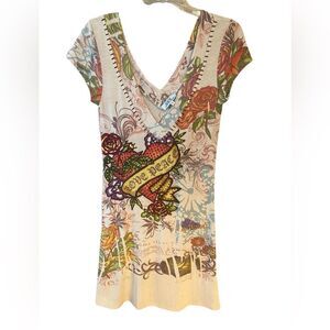 SPY ZONE Sz M Tattoo Floral Y2K Embellished Embroidered Knit Short Sleeve Dress